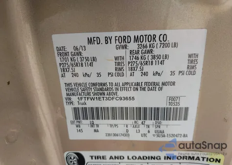 2013 Ford F-150 Xlt из США, поврежденный, VIN 1FTFW1ET3DFC93655